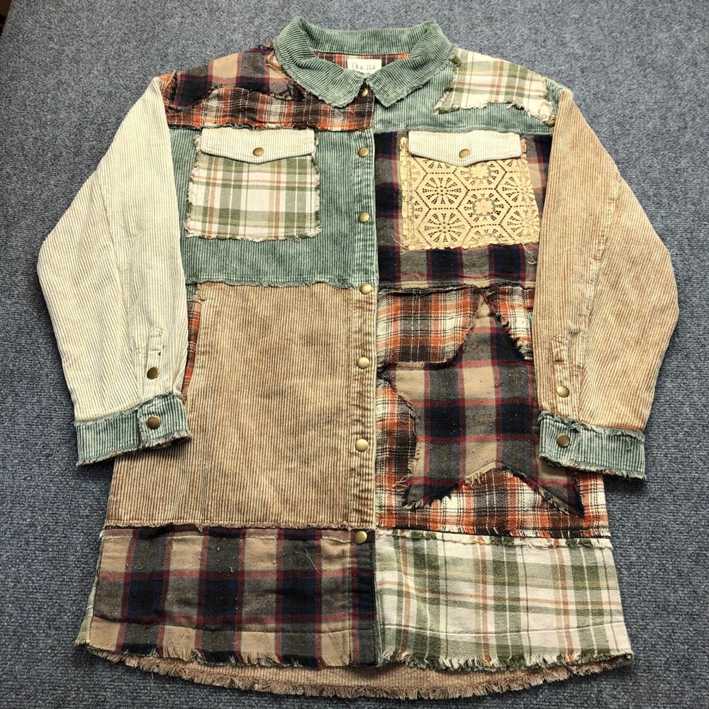 Oli & Hali Patchwork Corduroy Plaid Lace Shacket Long Jacket Women Large Boho